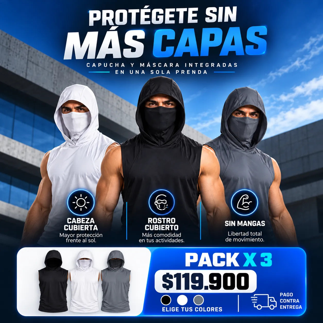 Chaleco Deportivo UV · Capucha + Máscara